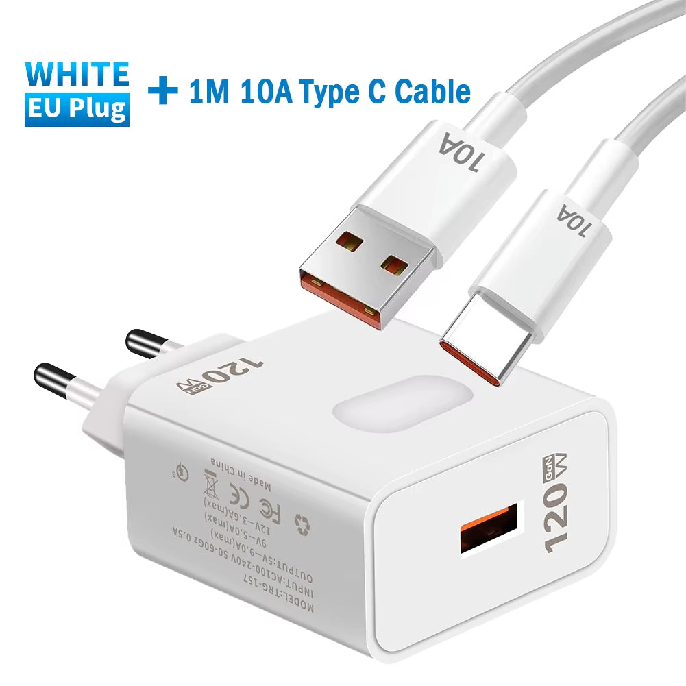 Gan USB Charger Fast Charging 120W Quick Charge QC3.0 Type C Cable Mobile Phone Wall Adapter for Huawei Redmi Xiaomi 15 Oneplus