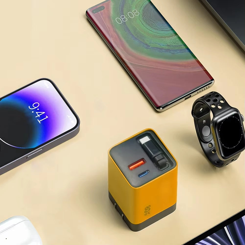 3 in 1 Gan Charger with Retractable Charge Cable PD USB Charger 22.5W Fast Charge for Huawei Iphone Samsung Redmi Travel Charger