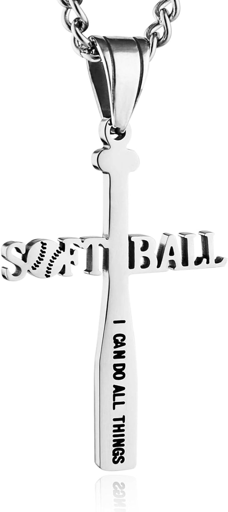 Softball Bat Cross Pendant, I CAN DO ALL THINGS STRENGTH Bible Verse Stainless Steel Necklace