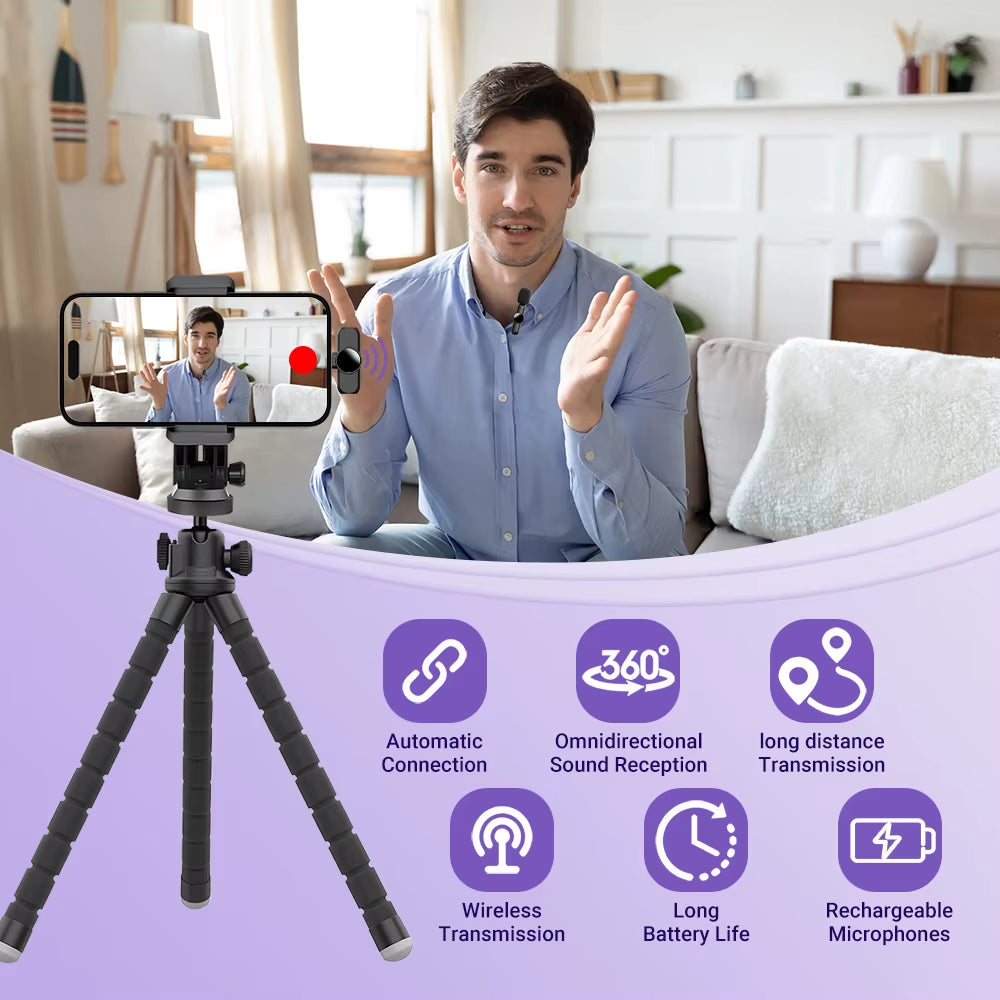 2.4G Wireless Stereo Lavalier Microphone Live Interview Outdoor Mini Noise Cancelling for Iphone Android Rotate Lapel Mic