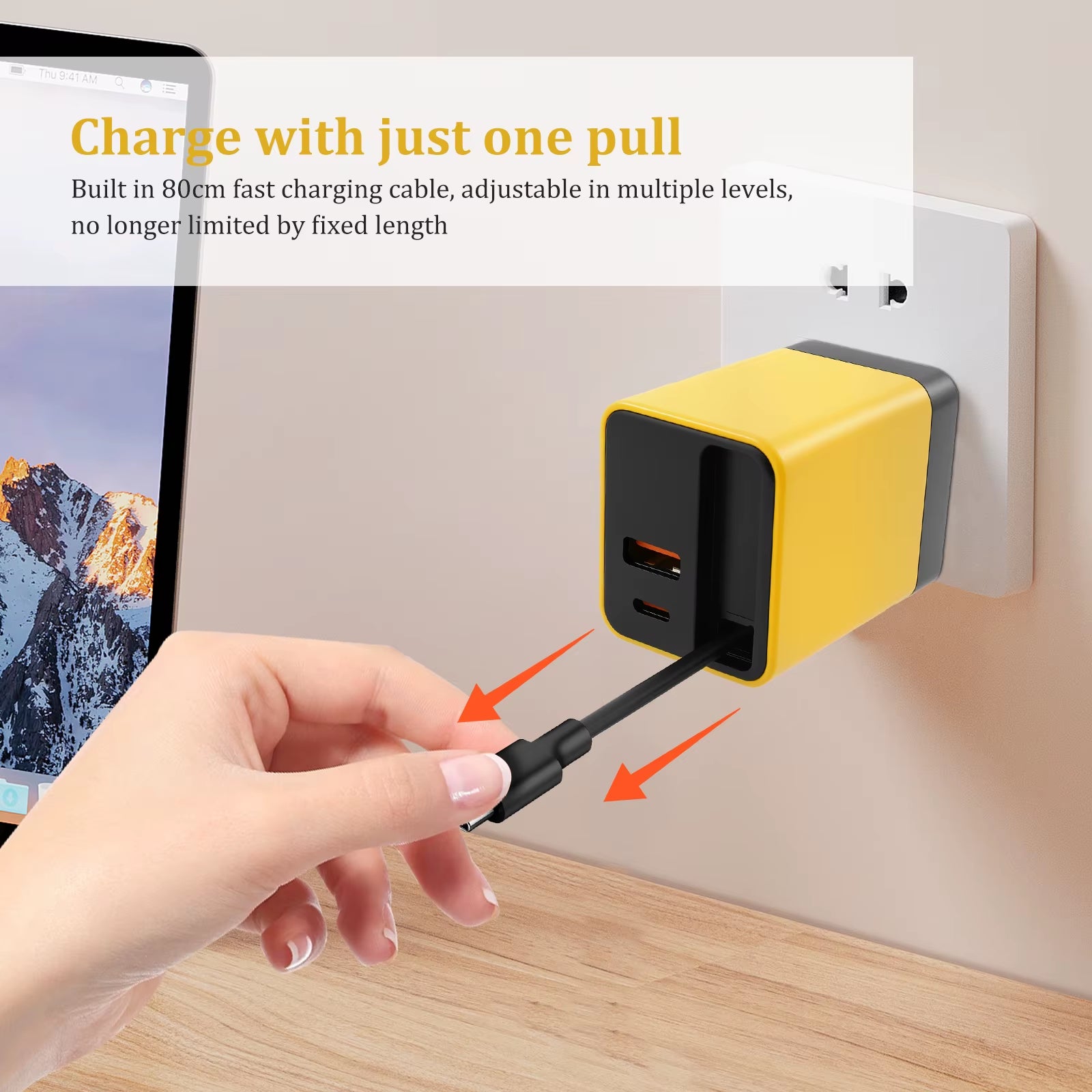 3 in 1 Gan Charger 80W Phone Desktop Laptop Earphone Charger with Retractable Type C Cable Fast Charging Portable Gan Charger