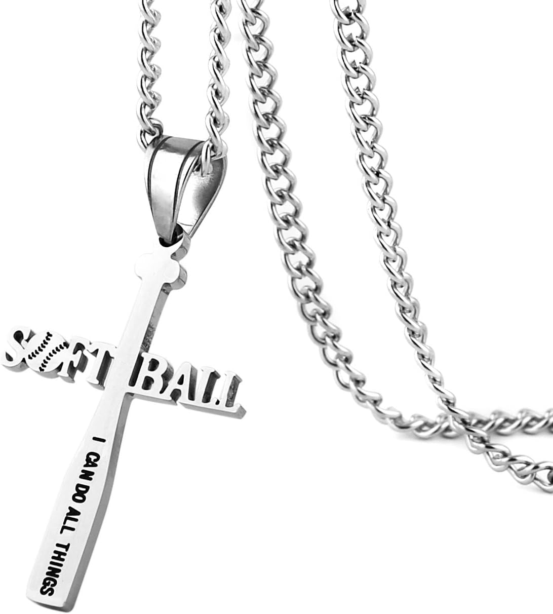Softball Bat Cross Pendant, I CAN DO ALL THINGS STRENGTH Bible Verse Stainless Steel Necklace
