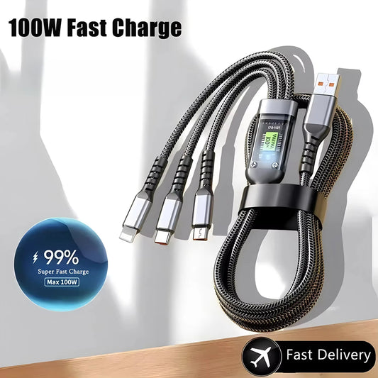 3 in 1 Multi Port USB 100W Cable Fast Charging Charger Cable Accessories for Iphone Xiaomi Huawei Type C Charger Cable Wire Line