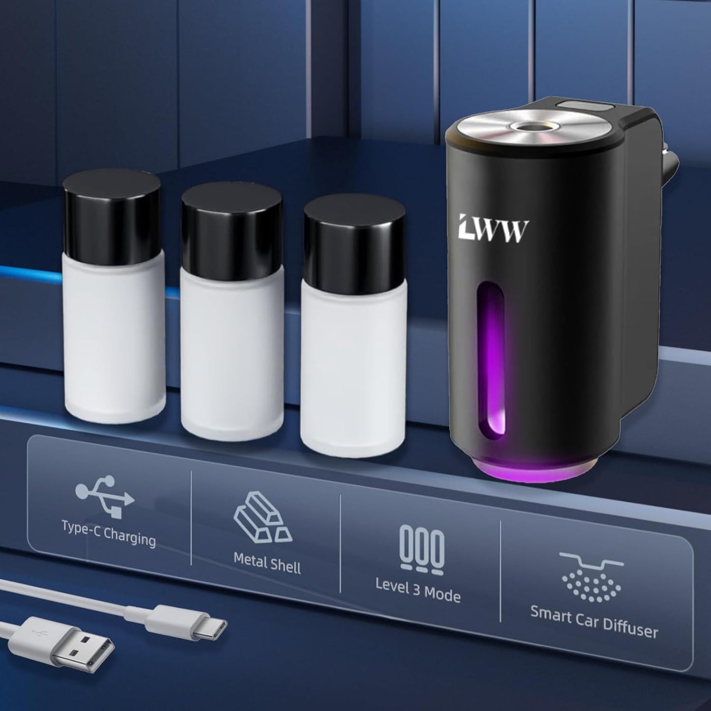 Smart Car Air Freshener, 3 Intensity Levels, Rechargeable Aroma Diffuser, 3 X 10Ml Perfume Bottles, Adjustable, Black Strong Scent (Tranquili+Fresh+Ocean Flavour)