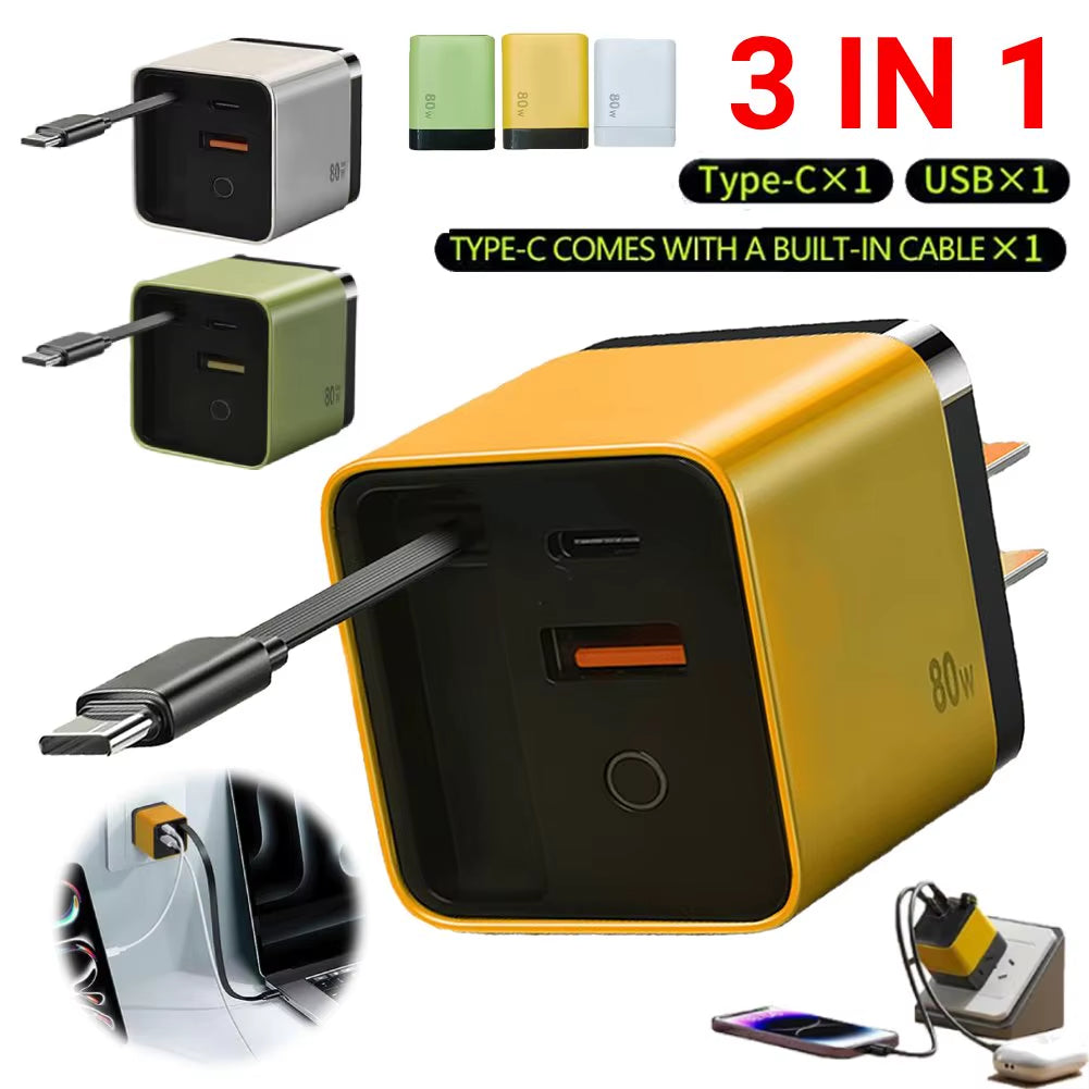 Portable 3 in 1 Gan Charger 80W MAX Fast Charger Retractabl Fast Charger with Type-C Cable 2USB Port Adapter Mobilephone Charger