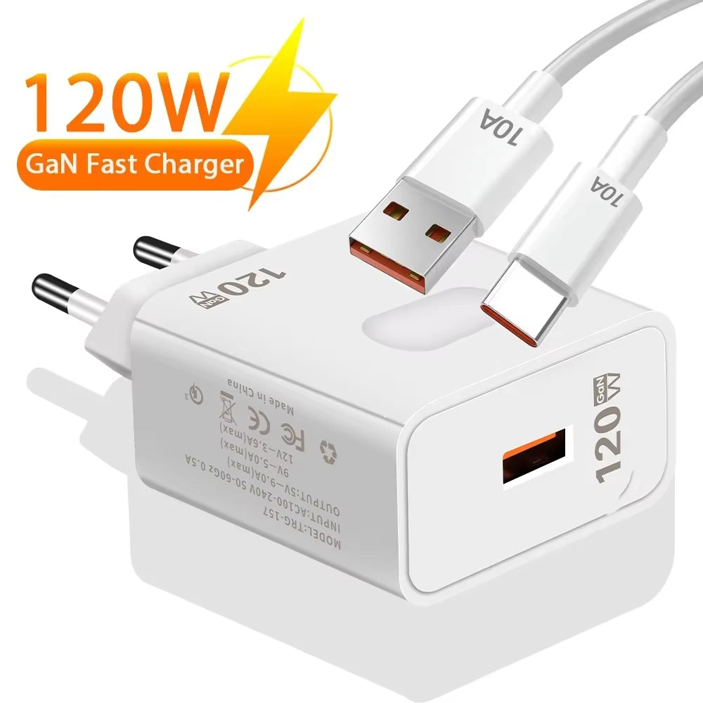 Gan USB Charger Fast Charging 120W Quick Charge QC3.0 Type C Cable Mobile Phone Wall Adapter for Huawei Redmi Xiaomi 15 Oneplus
