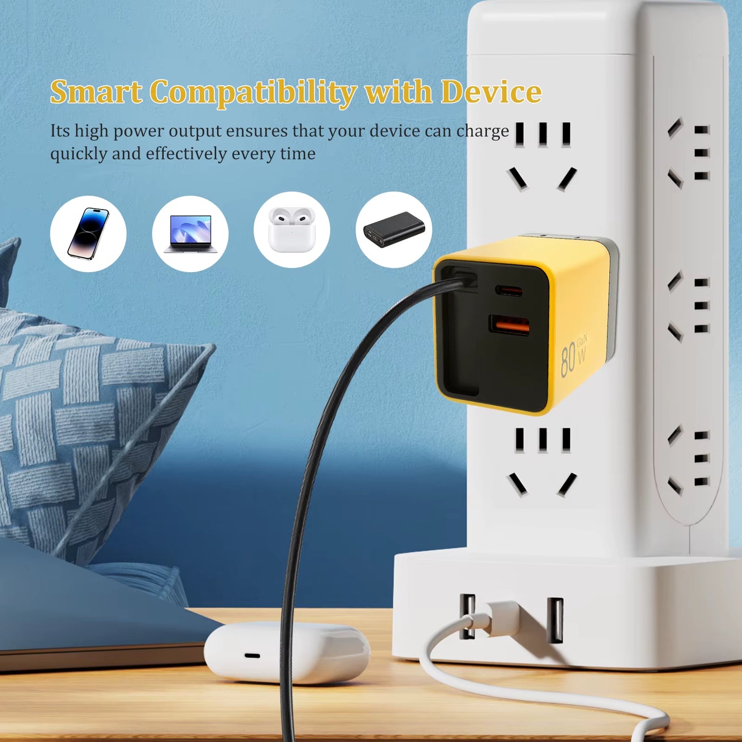 3 in 1 Gan Charger 80W Phone Desktop Laptop Earphone Charger with Retractable Type C Cable Fast Charging Portable Gan Charger