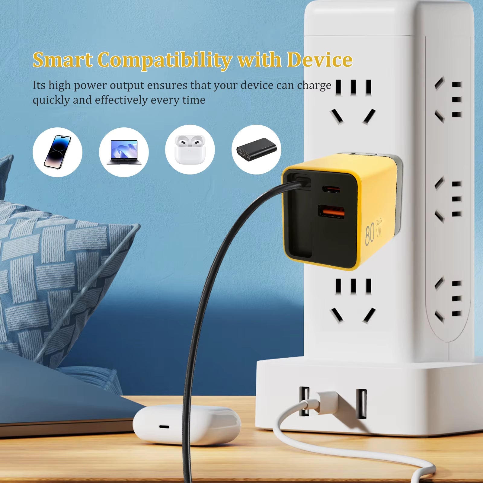 3 in 1 Gan Charger 80W Phone Desktop Laptop Earphone Charger with Retractable Type C Cable Fast Charging Portable Gan Charger