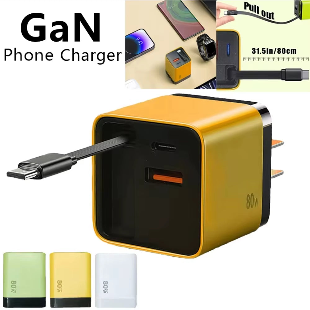 3 in 1 Gan Charger with Retractable Charge Cable PD USB Charger 22.5W Fast Charge for Huawei Iphone Samsung Redmi Travel Charger