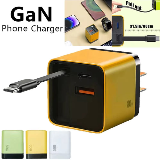 3 in 1 Gan Charger with Retractable Charge Cable PD USB Charger 22.5W Fast Charge for Huawei Iphone Samsung Redmi Travel Charger