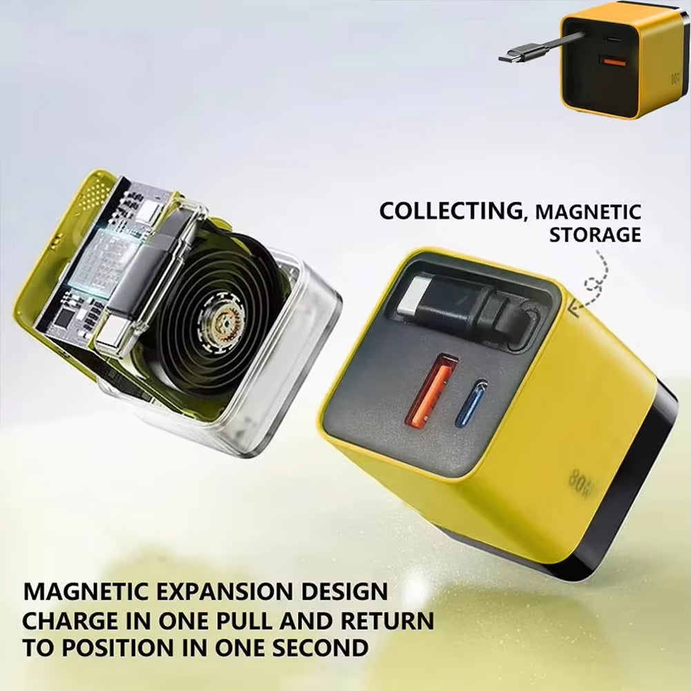 3 in 1 Gan Charger with Retractable Charge Cable PD USB Charger 22.5W Fast Charge for Huawei Iphone Samsung Redmi Travel Charger