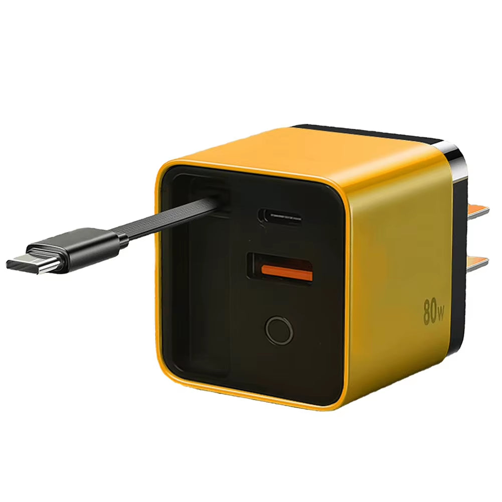 Portable 3 in 1 Gan Charger 80W MAX Fast Charger Retractabl Fast Charger with Type-C Cable 2USB Port Adapter Mobilephone Charger