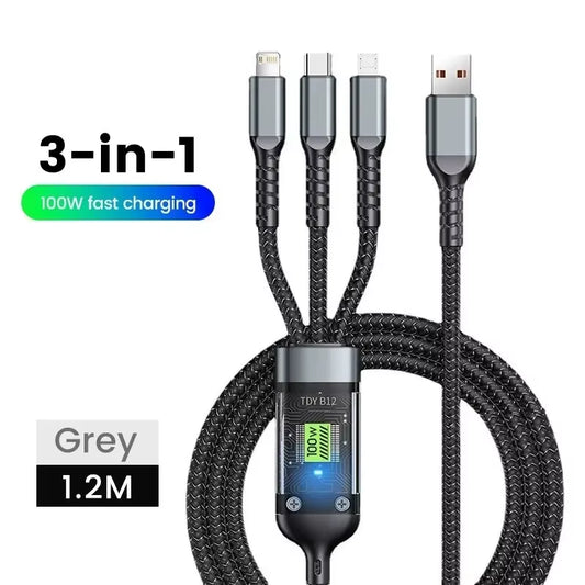 3 in 1 Multi Port USB 100W Cable Fast Charging Charger Cable Accessories for Iphone Xiaomi Huawei Type C Charger Cable Wire Line