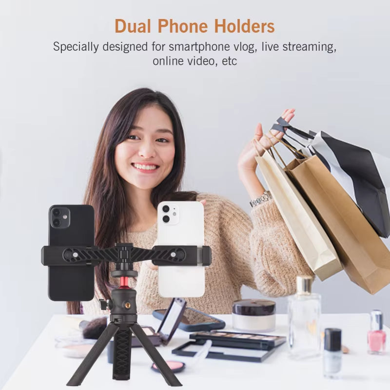 AD-04 Universal Phone Tripod Mount with Dual Phone Holders Vertical Horizontal Phone Clamp Smartphone Holder for Video