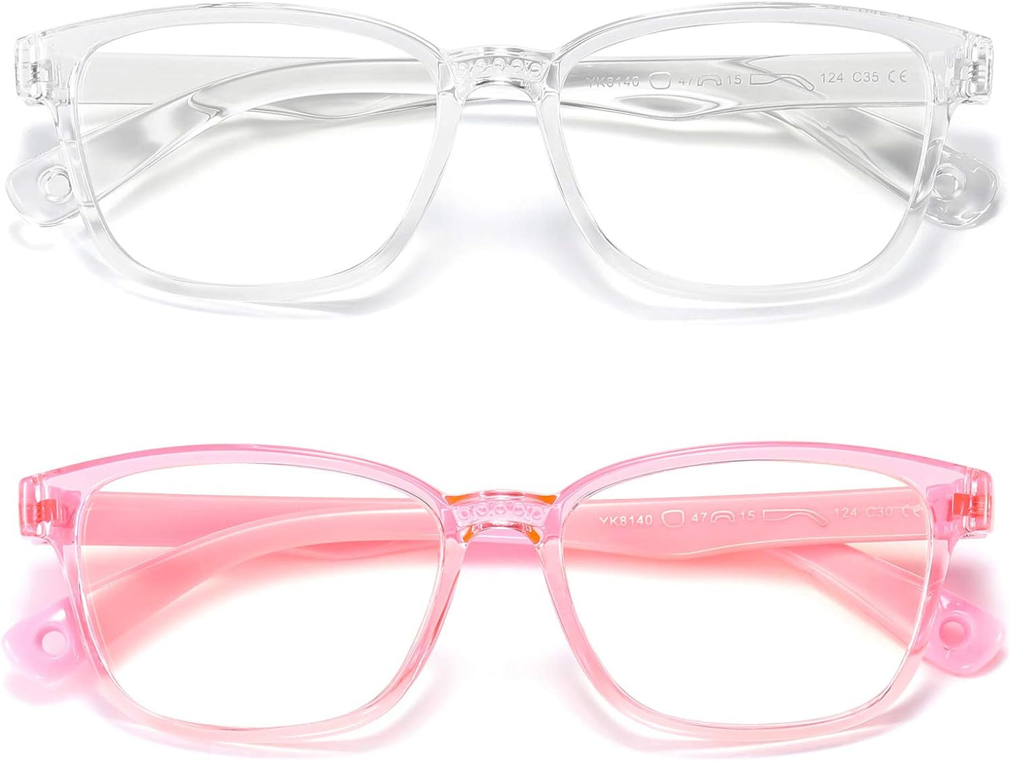 Kids Blue Light Blocking Glasses 2 Pack, anti Eyestrain & UV Protection, Computer Gaming TV Phone Glasses for Boys Girls Age 3-9 (Clear+Transparent Pink)