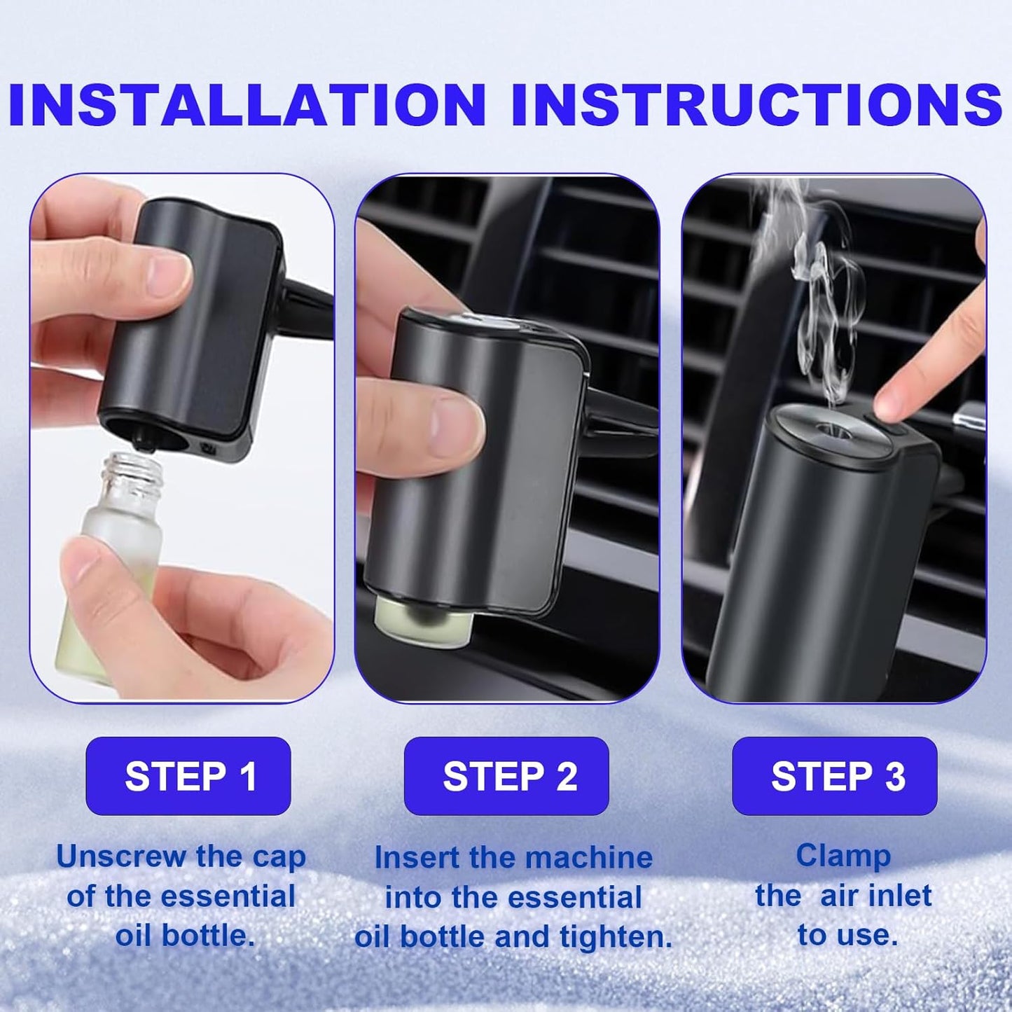 Smart Car Air Freshener, 3 Intensity Levels, Rechargeable Aroma Diffuser, 3 X 10Ml Perfume Bottles, Adjustable, Black Strong Scent (Tranquili+Fresh+Ocean Flavour)