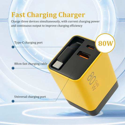 3 in 1 Gan Charger 80W Phone Desktop Laptop Earphone Charger with Retractable Type C Cable Fast Charging Portable Gan Charger