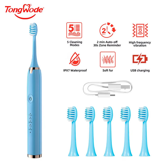 Electric Sonic Toothbrush USB Rechargeable Waterproof Electronic Ultrasonic Whitening Tooth Brushes Replacement Heads