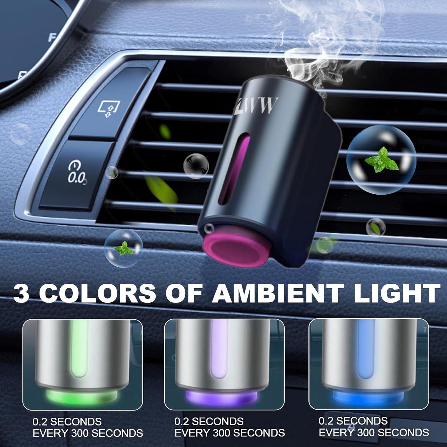 Smart Car Air Freshener, 3 Intensity Levels, Rechargeable Aroma Diffuser, 3 X 10Ml Perfume Bottles, Adjustable, Black Strong Scent (Tranquili+Fresh+Ocean Flavour)