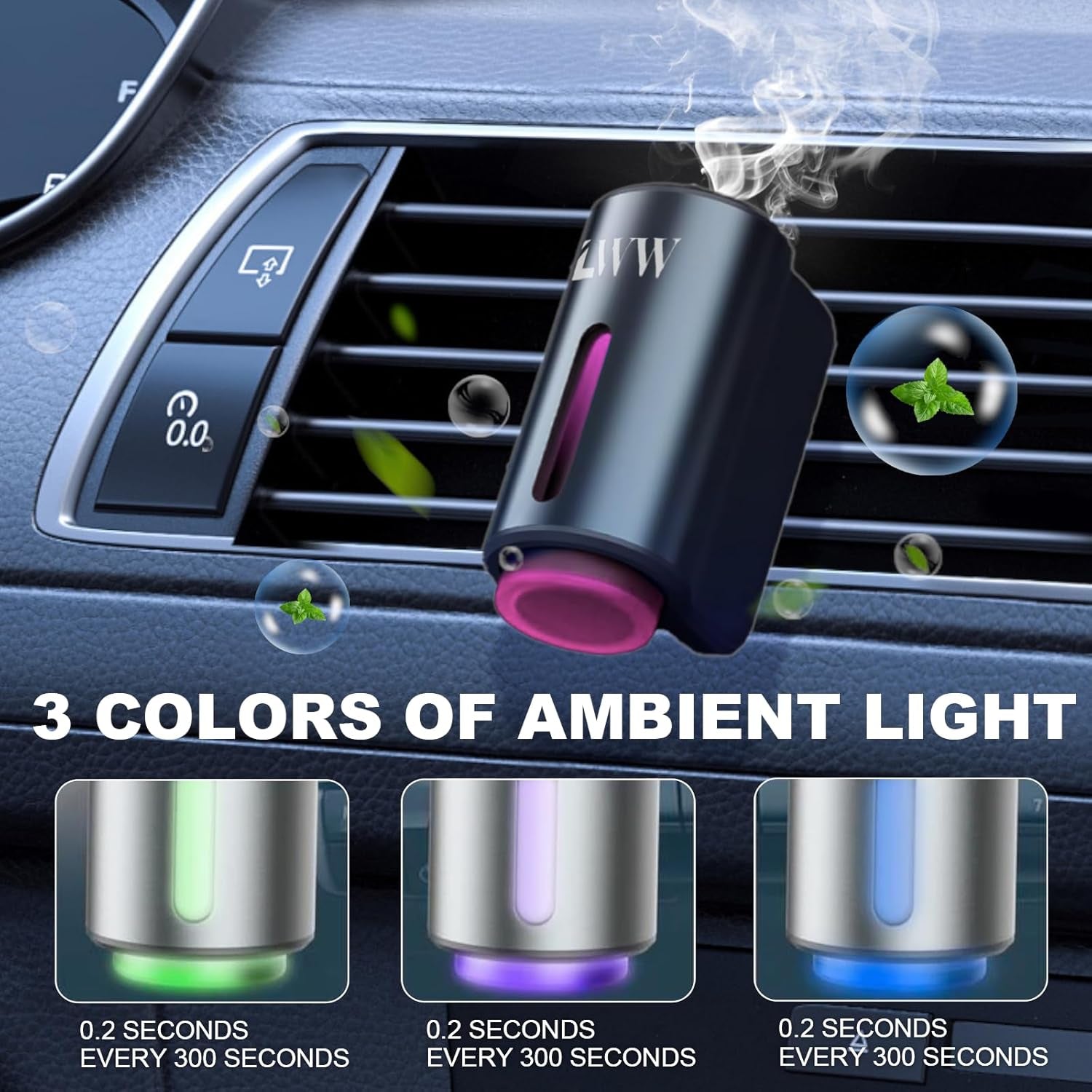 Smart Car Air Freshener, 3 Intensity Levels, Rechargeable Aroma Diffuser, 3 X 10Ml Perfume Bottles, Adjustable, Black Strong Scent (Tranquili+Fresh+Ocean Flavour)