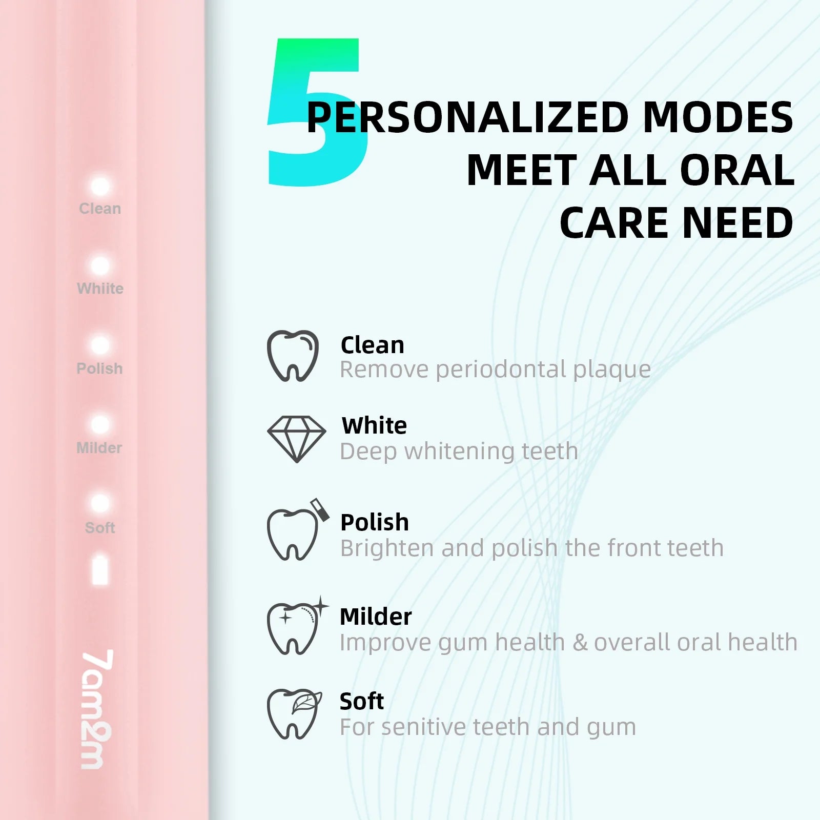 Sonic Electric Toothbrush with 6 Brush Heads for Adults and Kids, One Charge for 90 Days, 5 Modes, 40000VPM Powered Toothbrush, 2 Minutes Build in Smart Timer, Roman Column Handle Design,Pink