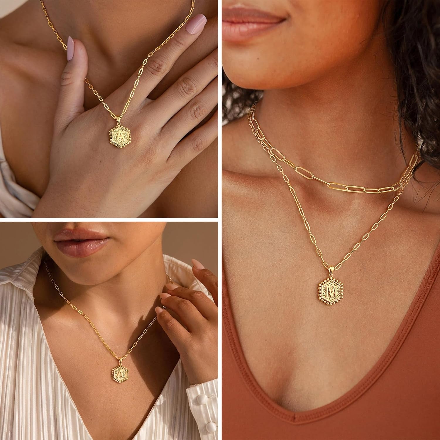 Dainty Initial Necklaces for Women, 14K-Gold-Plated Layering Necklace for Women Cute Hexagon Letter Initial Necklace Layered Necklaces for Womens Gifts