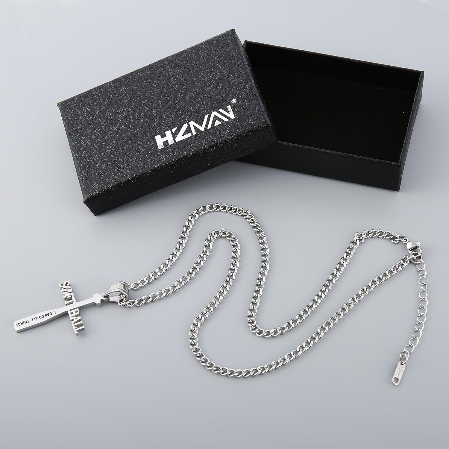 Softball Bat Cross Pendant, I CAN DO ALL THINGS STRENGTH Bible Verse Stainless Steel Necklace