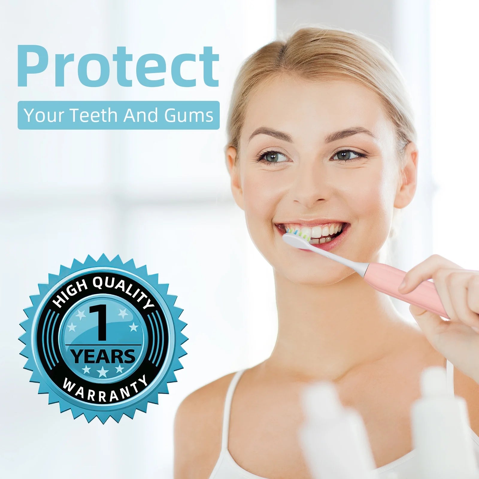 Sonic Electric Toothbrush with 6 Brush Heads for Adults and Kids, One Charge for 90 Days, 5 Modes, 40000VPM Powered Toothbrush, 2 Minutes Build in Smart Timer, Roman Column Handle Design,Pink