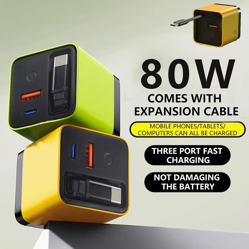 Portable 3 in 1 Gan Charger 80W MAX Fast Charger Retractabl Fast Charger with Type-C Cable 2USB Port Adapter Mobilephone Charger