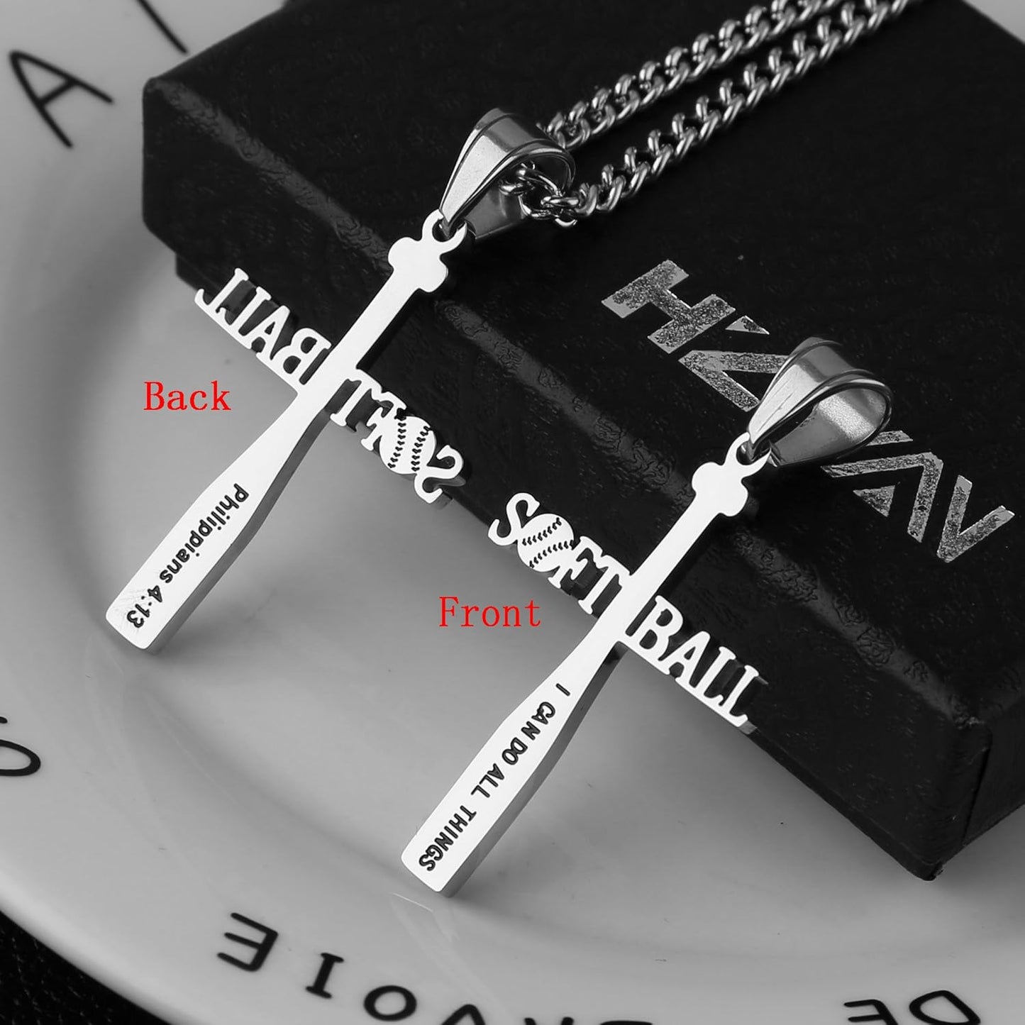 Softball Bat Cross Pendant, I CAN DO ALL THINGS STRENGTH Bible Verse Stainless Steel Necklace