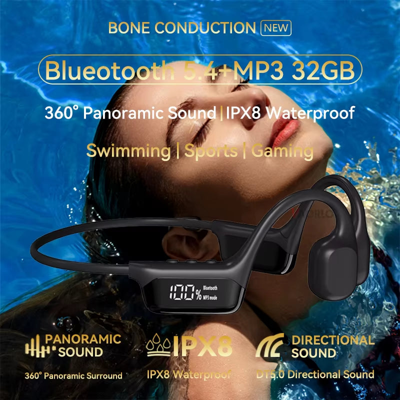 #IPX8 Waterproof Bone Conduction Wireless Headphone Bluetooth 5.4+32GB RAM MP3 Player HIFI Music Sport Swimming Headset with Mic