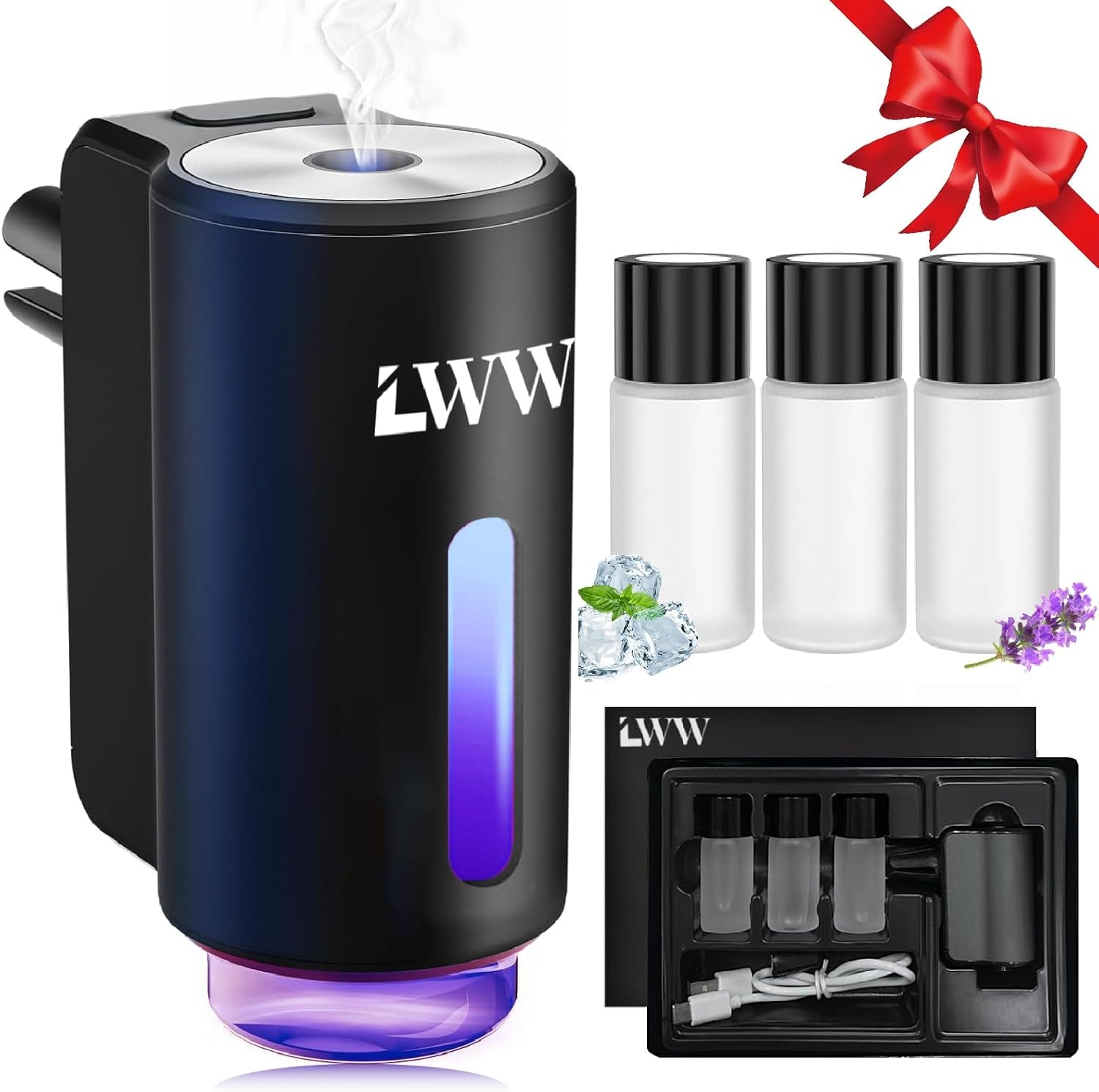 Smart Car Air Freshener, 3 Intensity Levels, Rechargeable Aroma Diffuser, 3 X 10Ml Perfume Bottles, Adjustable, Black Strong Scent (Tranquili+Fresh+Ocean Flavour)