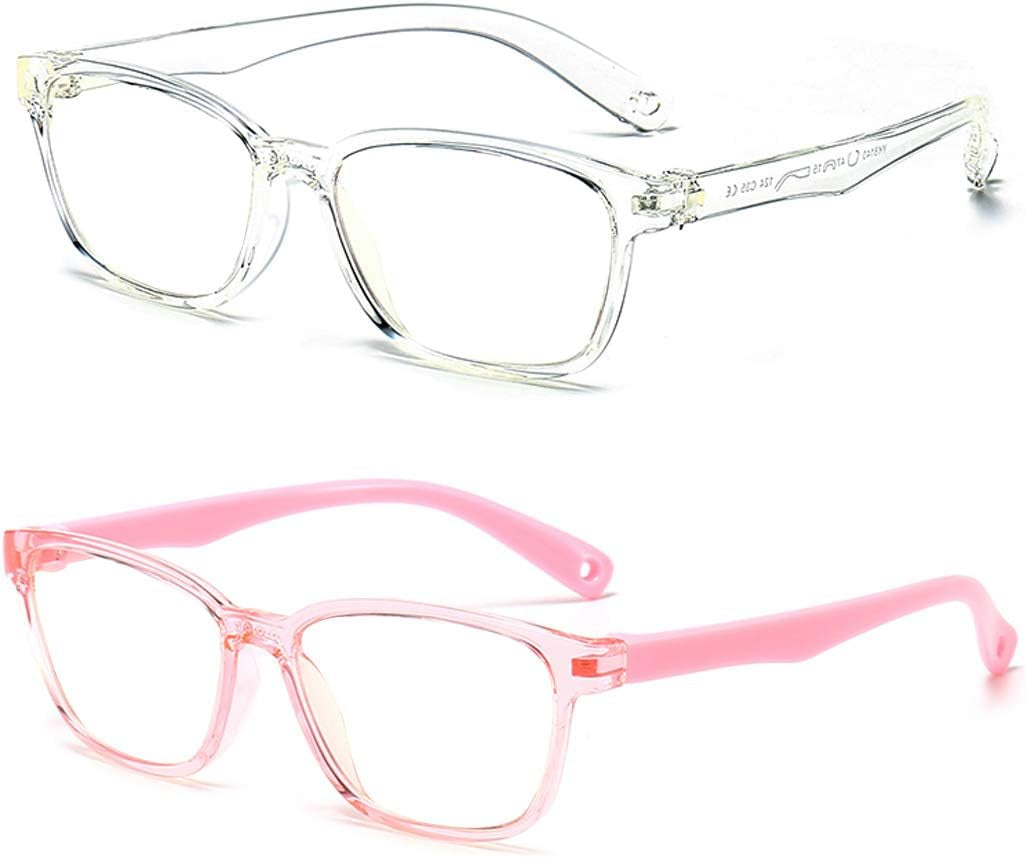 Kids Blue Light Blocking Glasses 2 Pack, anti Eyestrain & UV Protection, Computer Gaming TV Phone Glasses for Boys Girls Age 3-9 (Clear+Transparent Pink)