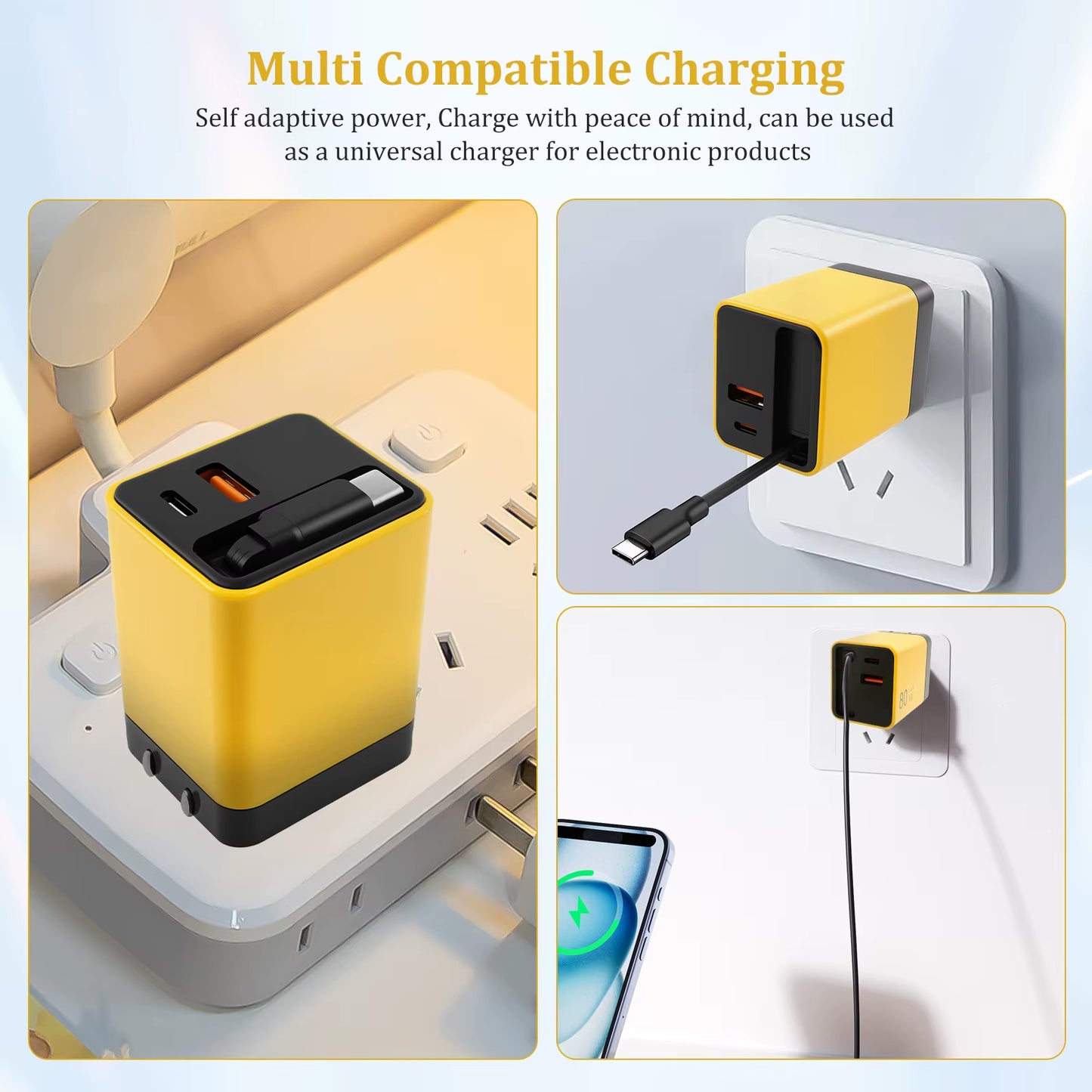 3 in 1 Gan Charger 80W Phone Desktop Laptop Earphone Charger with Retractable Type C Cable Fast Charging Portable Gan Charger