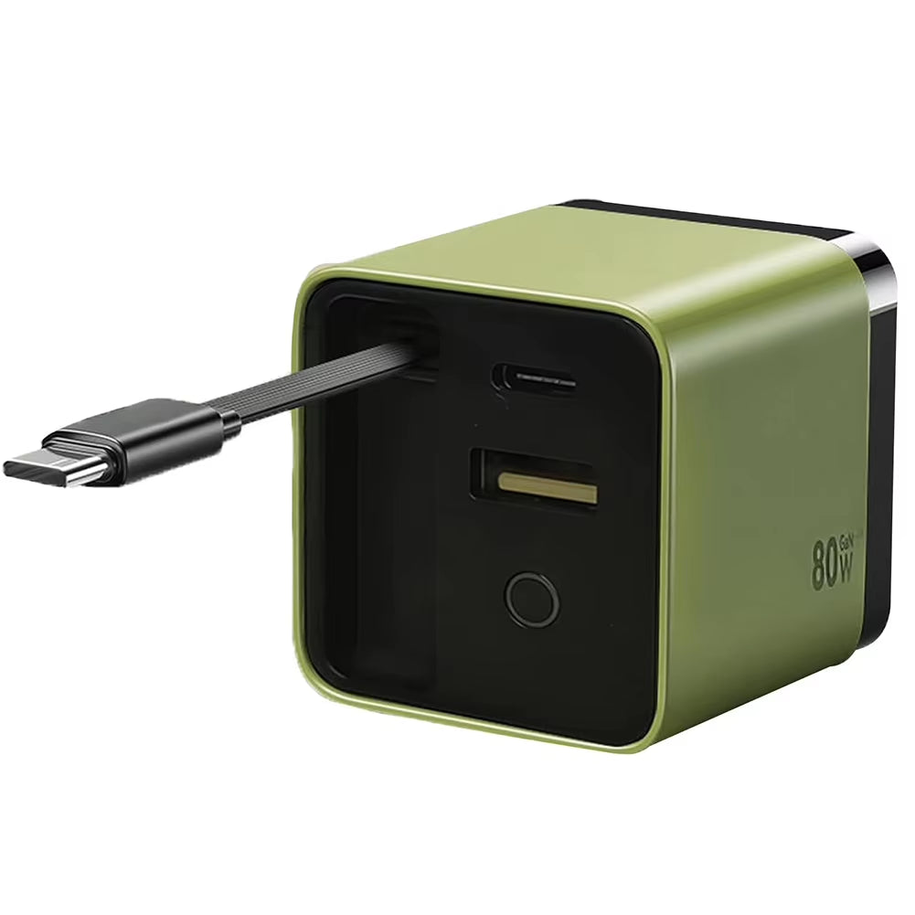 Portable 3 in 1 Gan Charger 80W MAX Fast Charger Retractabl Fast Charger with Type-C Cable 2USB Port Adapter Mobilephone Charger