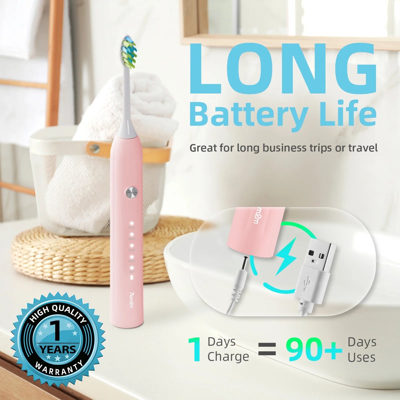 Sonic Electric Toothbrush with 6 Brush Heads for Adults and Kids, One Charge for 90 Days, 5 Modes, 40000VPM Powered Toothbrush, 2 Minutes Build in Smart Timer, Roman Column Handle Design,Pink