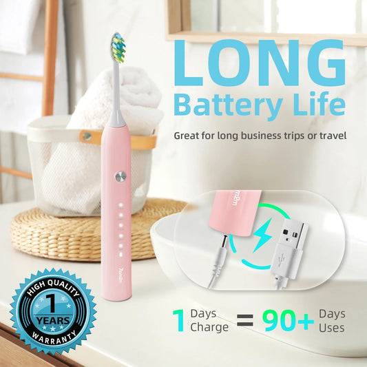 Sonic Electric Toothbrush with 6 Brush Heads for Adults and Kids, One Charge for 90 Days, 5 Modes, 40000VPM Powered Toothbrush, 2 Minutes Build in Smart Timer, Roman Column Handle Design,Pink
